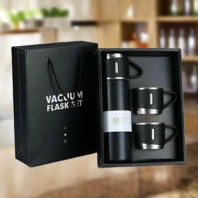 Stainless Steel Vacuum Flask Set with 3 Steel Cups Combo for Coffee Hot Drink and Cold Water Flask Ideal Gifting Travel Friendly Latest Flask Bottle. (500ml) Stainless Steel Vacuum Flask Set with 3 Steel Cups Combo for Coffee Hot Drink and Cold Water Flask Ideal Gifting Travel Friendly Latest Flask Bottle. (500ml)